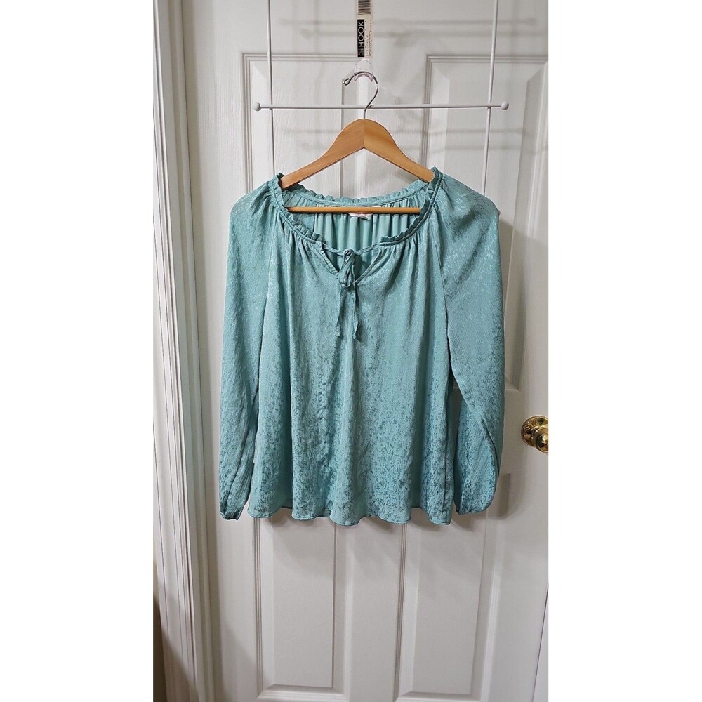 LC Lauren Conrad Mint Green Long Sleeve Keyhole Tie Neck Shimmer Floral Blouse S